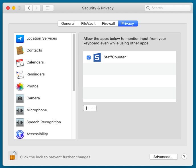 Click Open System Preferences and unlock the settings. Tick StaffCounter program in Security & Privacy, Accessibility, Privacy.