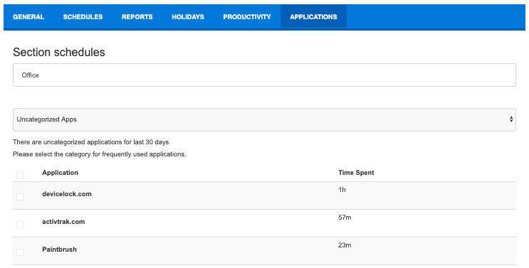 Settings of productivity category of each application and web addresses.