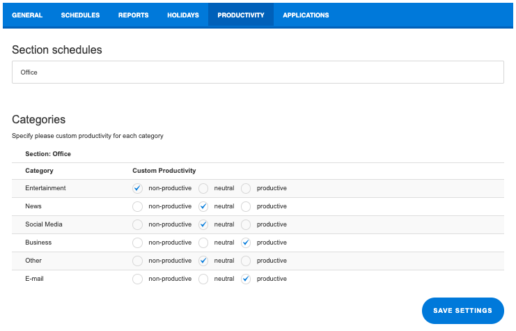 Productive, Unproductive or Neutral categories settings.