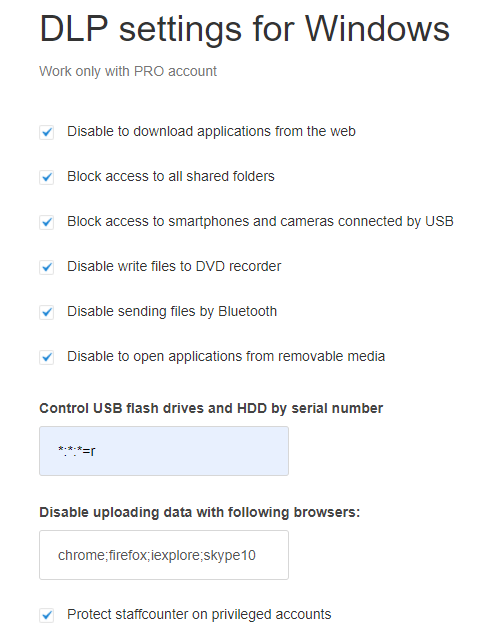 DLP settings in StaffCounter