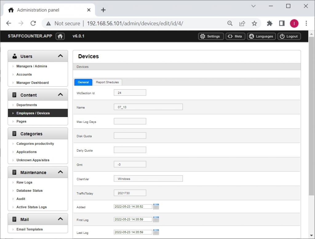 Administering devices section in StaffCounter local server — overview ...