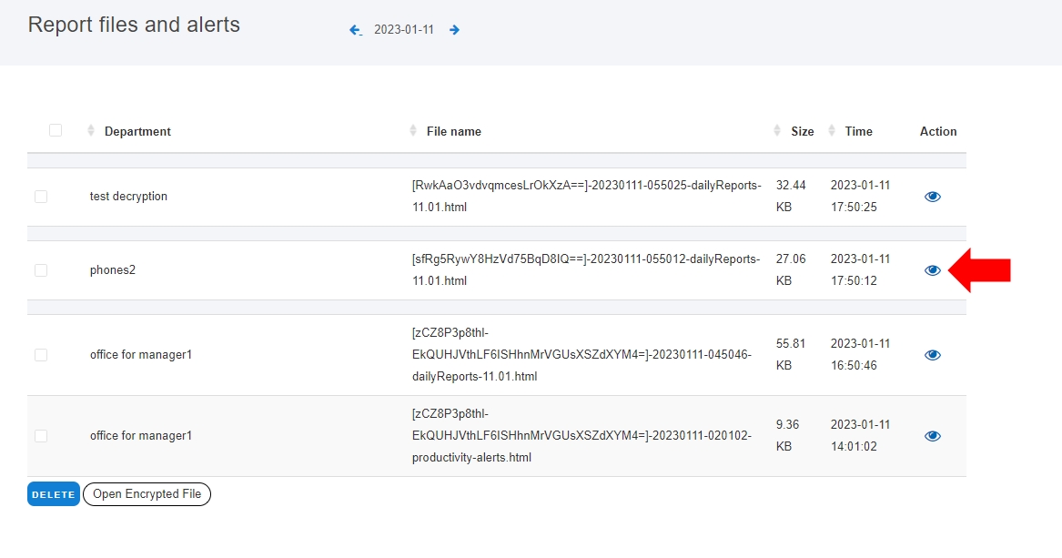 View encrypted email reports in Files and Alerts section