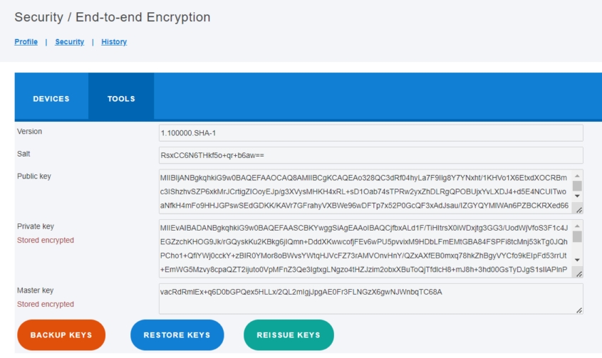 Profile page with Security settings and Tools tab