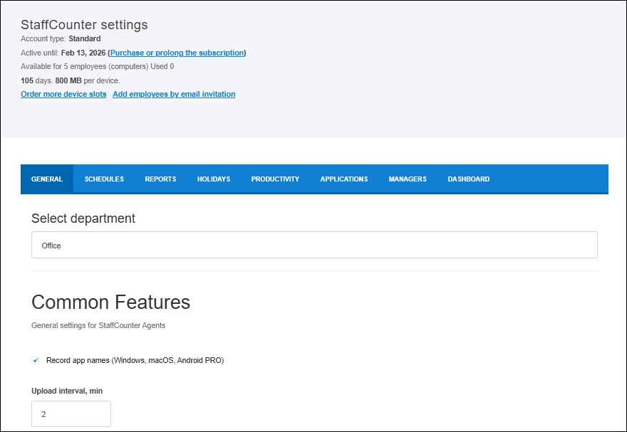 StaffCounter monitoring settings